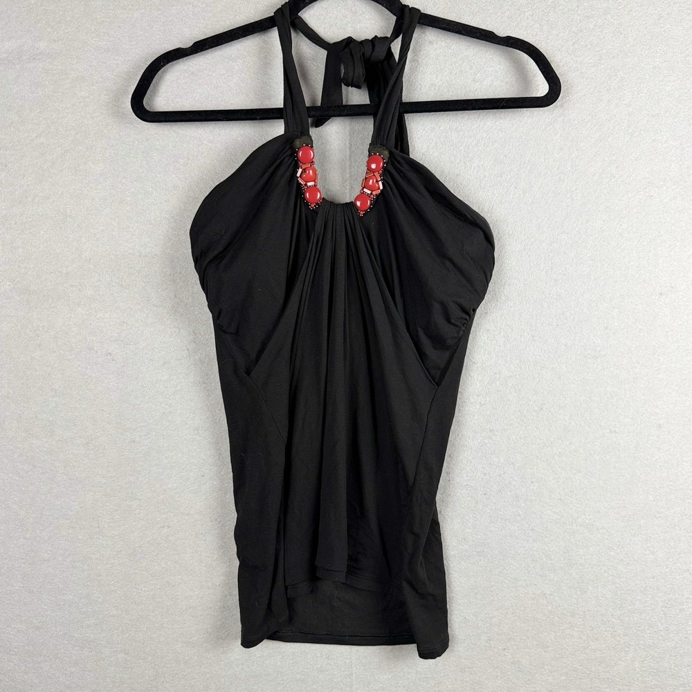 Y2K Women's Black Drape Halter Tank Top Sz M Embellished Neck Sleeveless Grunge - Picture 4 of 7